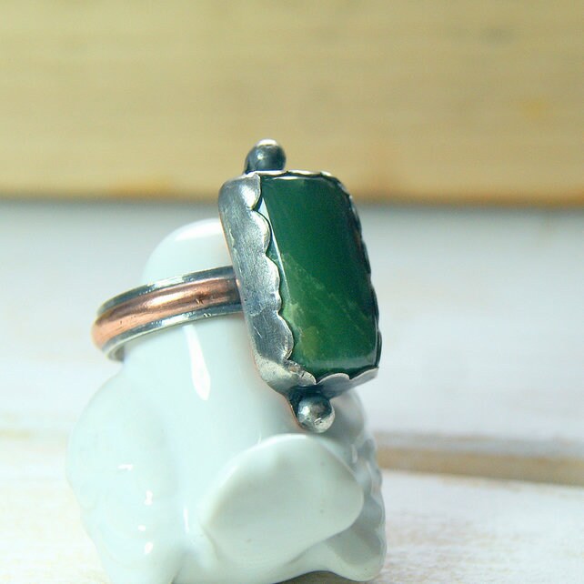 Green Stone Ring, Chrysoprase Ring, Sterling Silver Rustic Jewellery