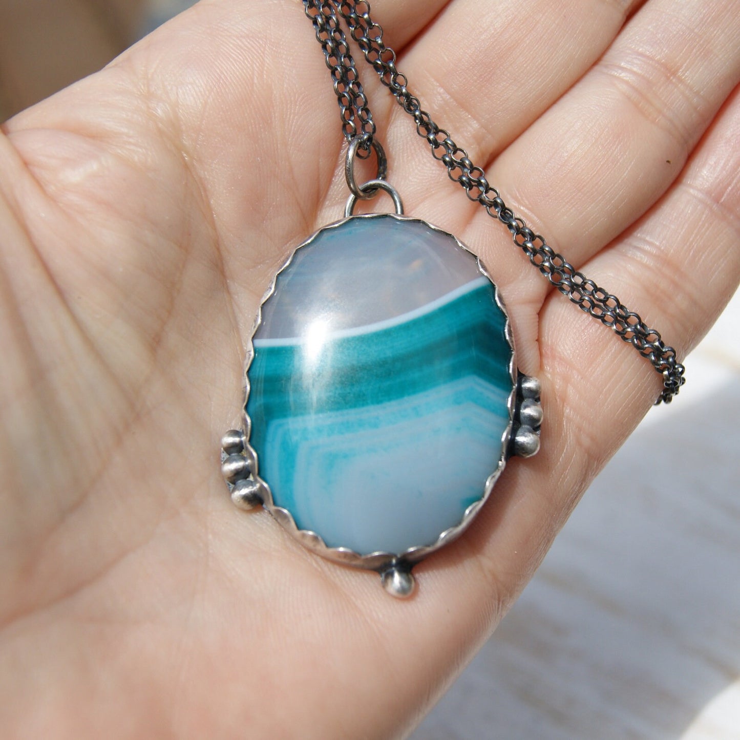 Blue Green Banded Onyx Necklace, Silver and Copper Rustic Pendant