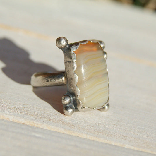 Yellow Botswana Agate Ring, Large Stone Ring, Distressed Rustic Jewellery