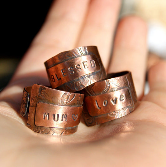 Adjustable Copper Ring, Wide Name Ring, 7th Anniversary Gift Idea, Rustic Jewellery