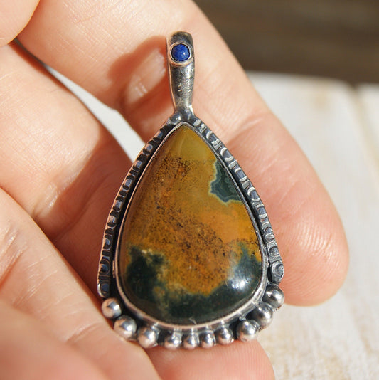 Ocean Jasper and Lapis Lazuli Pendant, Large Necklace, Natural Gemstones Jewellery, Sterling Silver and Copper