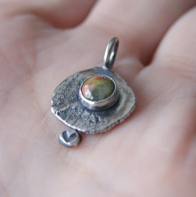 Unakite Gemstone Pendant, Silver Organic Necklace, Small Rustic Pendant, Boho Necklace, Delicate Oxidised Pendant