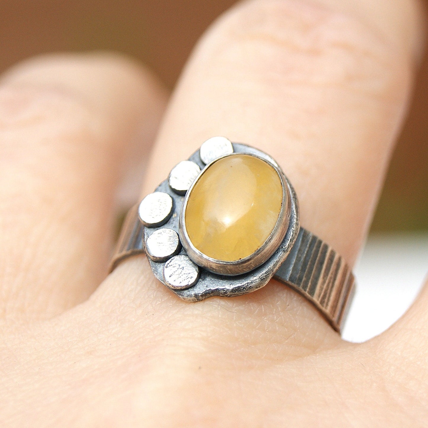 Flower Rustic Ring, Yellow Aragonite Ring, Boho Silver Jewellery