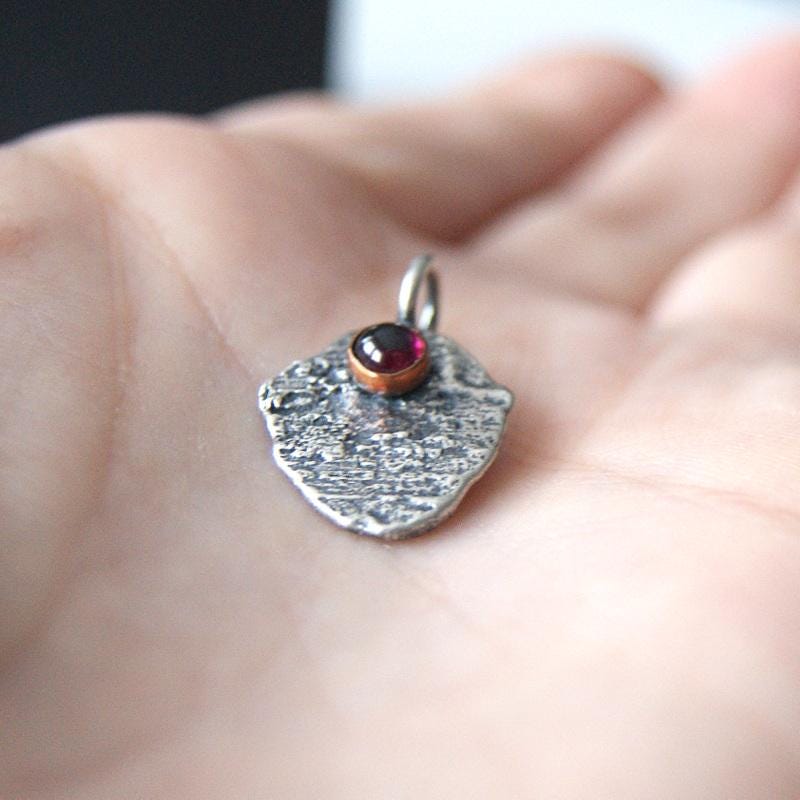 Garnet Gemstone Pendant, Sterling Silver Organic Necklace, Small Rustic Pendant, Boho Necklace, Delicate Oxidised Pendant