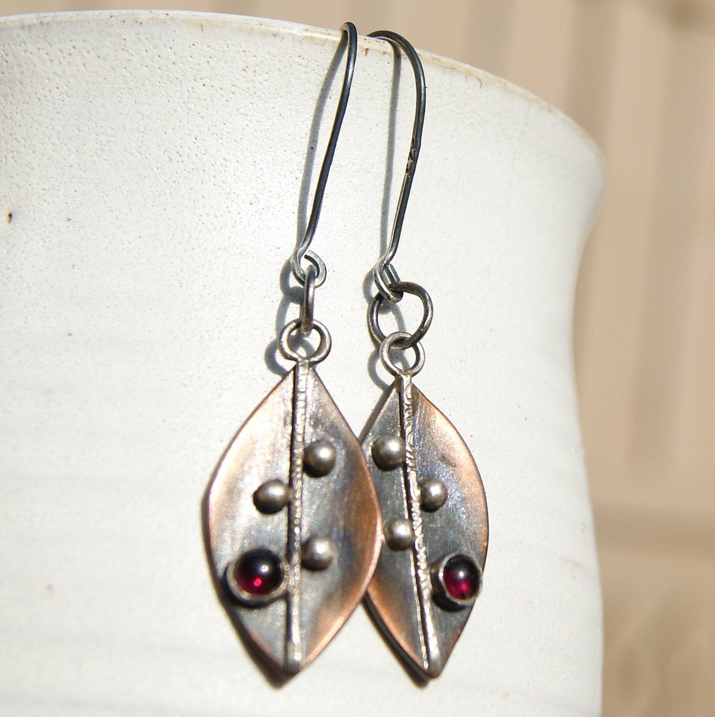 Garnet Drop Earrings, Hand Forged Leaf Earrings, Mix Metals Jewellery, Silver and Copper Jewellery