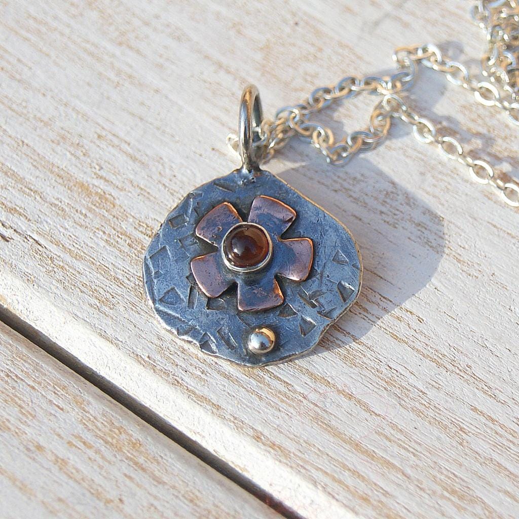 Garnet Flower Pendant, Delicate Oxidised Pendant, Sterling Silver And Copper, Organic Necklace, Small Rustic Pendant, Boho Necklace