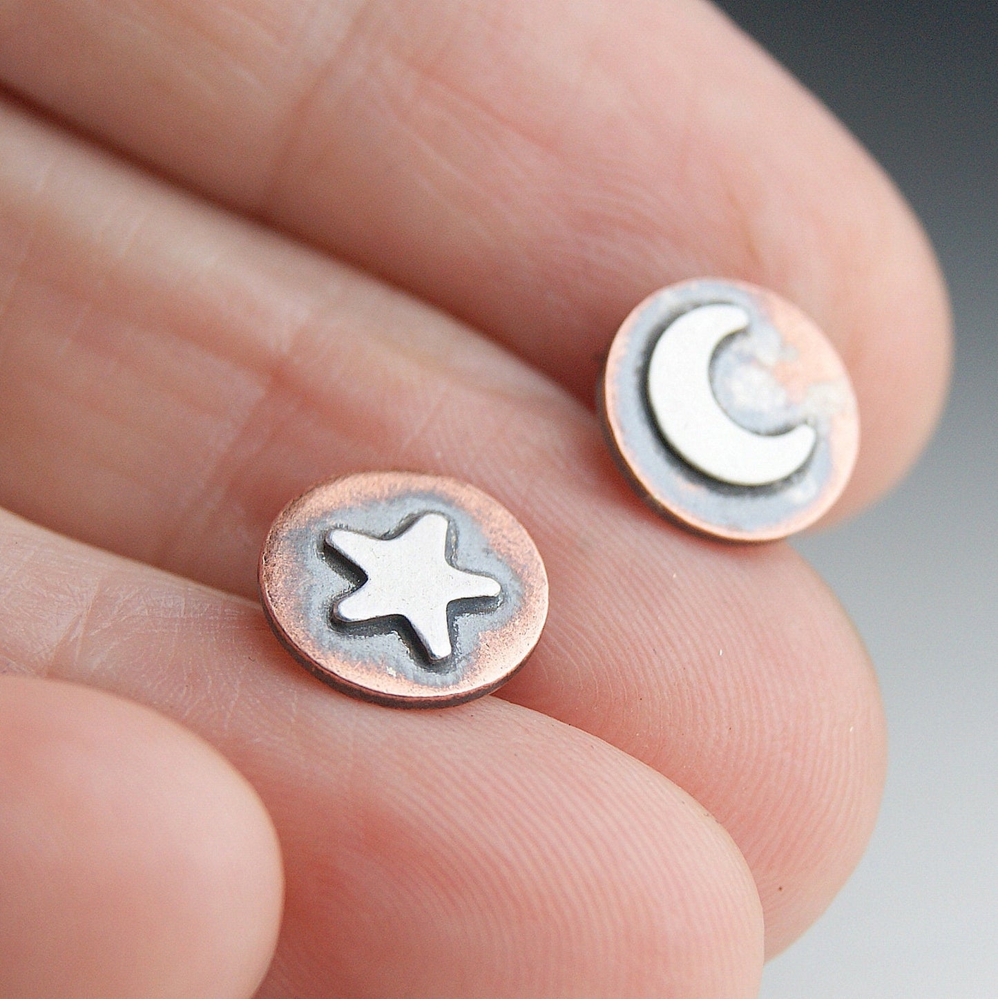 Celestial Earrings, Oxidised Star and Moon Studs, Copper and Silver Stud Earrings