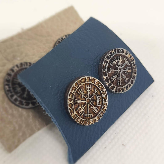 Vegvisir Stud Earrings, Mens Earrings, Viking Wooden Earrings, Laser Engraved Earrings