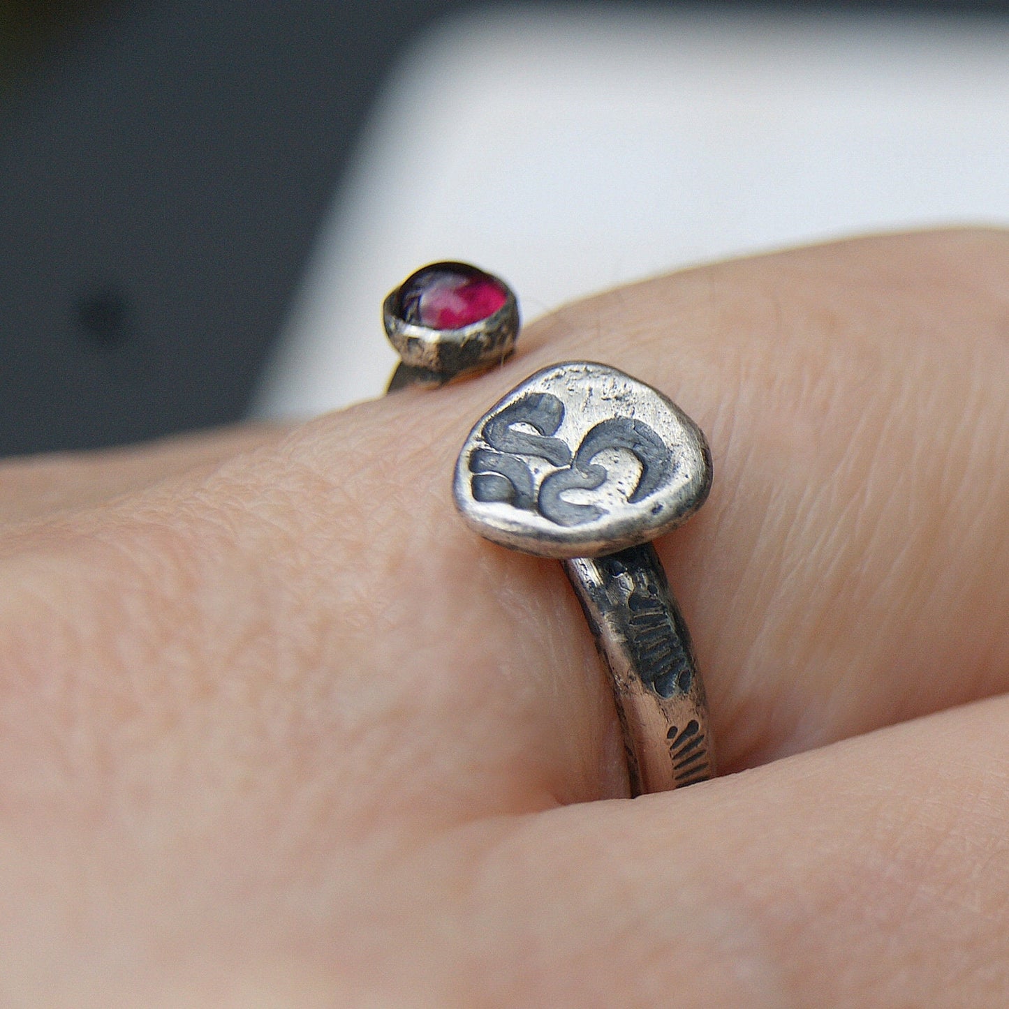 Aum Om Ohm Ring, Garnet Two Eyed Ring, Open Band Rustic Ring, Sterling Silver Jewellery