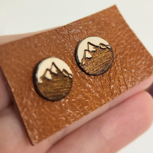 Mountain Earrings, Wooden Stud Earrings, Laser Engraved Earrings, Mens Earrings