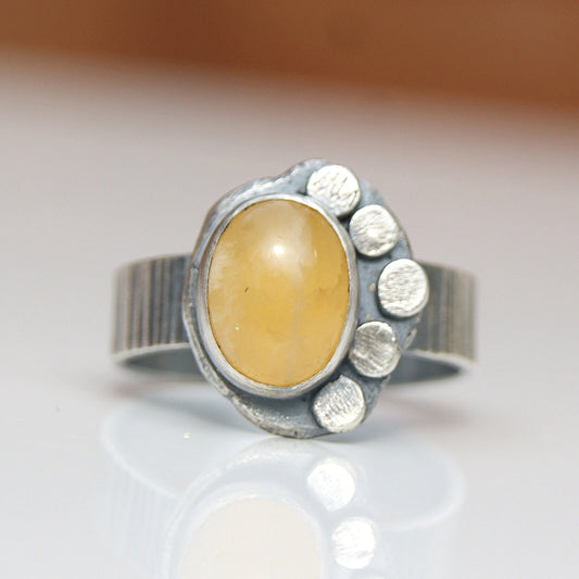 Flower Rustic Ring, Yellow Aragonite Ring, Boho Silver Jewellery