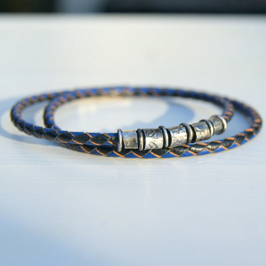 Blue Braided Leather Bracelet, Double Wrapped Bracelet, Sterling Silver and Leather Bracelet, Rustic Style Jewellery