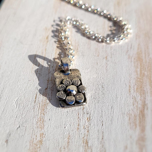 Tiny Silver Flower Pendant, Small Rustic Pendant, Boho Necklace, Silver Organic Necklace, Delicate Oxidised Pendant