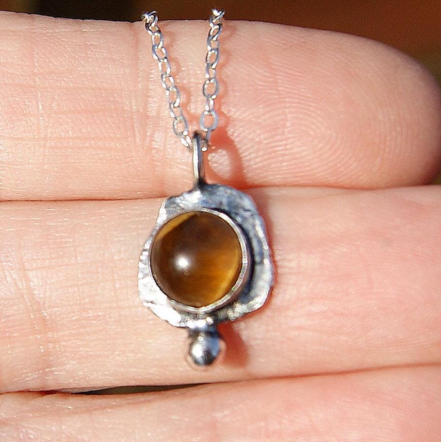 Tigers Eye Gemstone Pendant, Sterling Silver Organic Necklace, Small Rustic Pendant, Boho Necklace, Delicate Oxidised Pendant