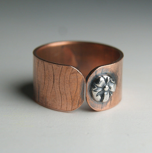 Pure Copper Ring, Sterling Silver Flower, Adjustable Copper Ring, Boho Rustic Jewellery