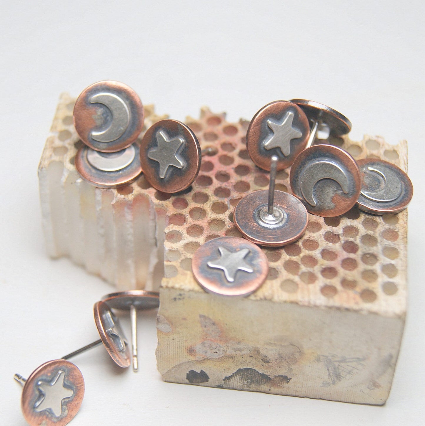 Celestial Earrings, Oxidised Star and Moon Studs, Copper and Silver Stud Earrings