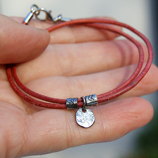 Red Leather Bracelet, Double Wrapped Bracelet, Sterling Silver and Leather Bracelet, Rustic Style Jewellery