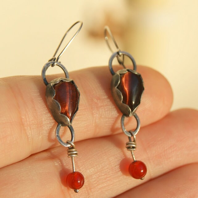 Red Tiger’s Eye and Carnelian Earrings, Sterling Silver Dangle Earrings