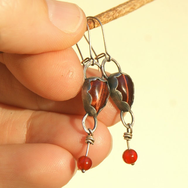 Red Tiger’s Eye and Carnelian Earrings, Sterling Silver Dangle Earrings