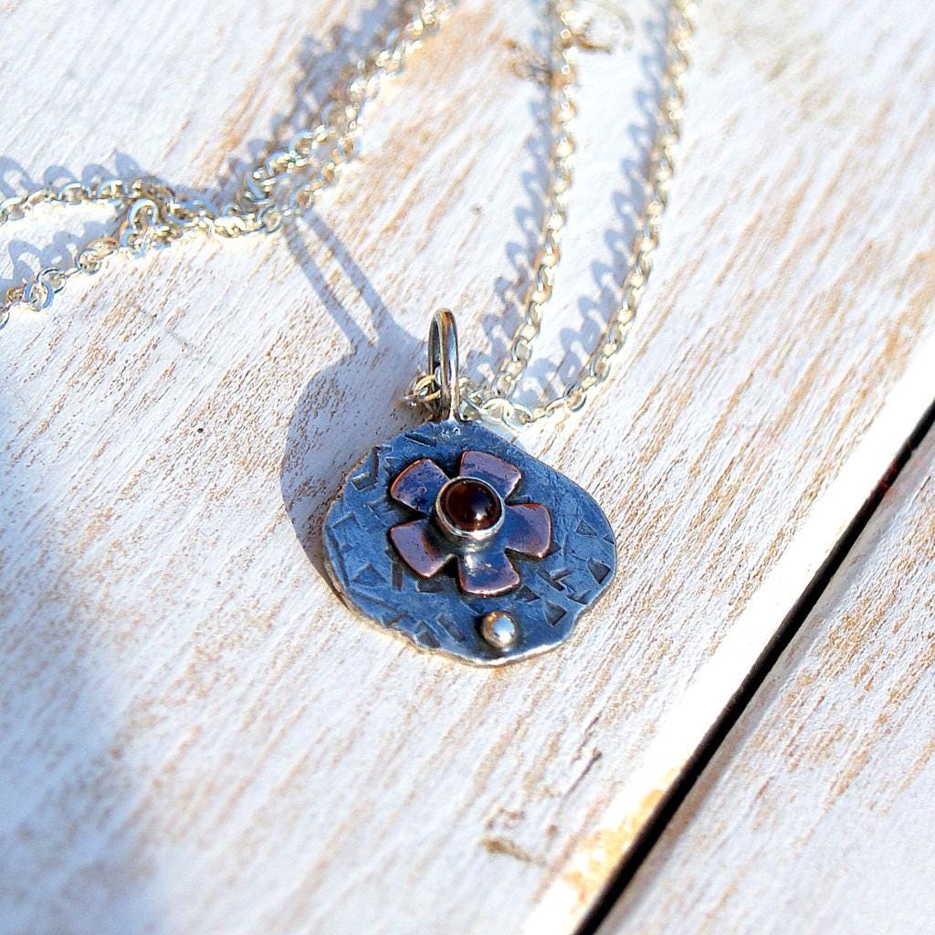 Garnet Flower Pendant, Delicate Oxidised Pendant, Sterling Silver And Copper, Organic Necklace, Small Rustic Pendant, Boho Necklace