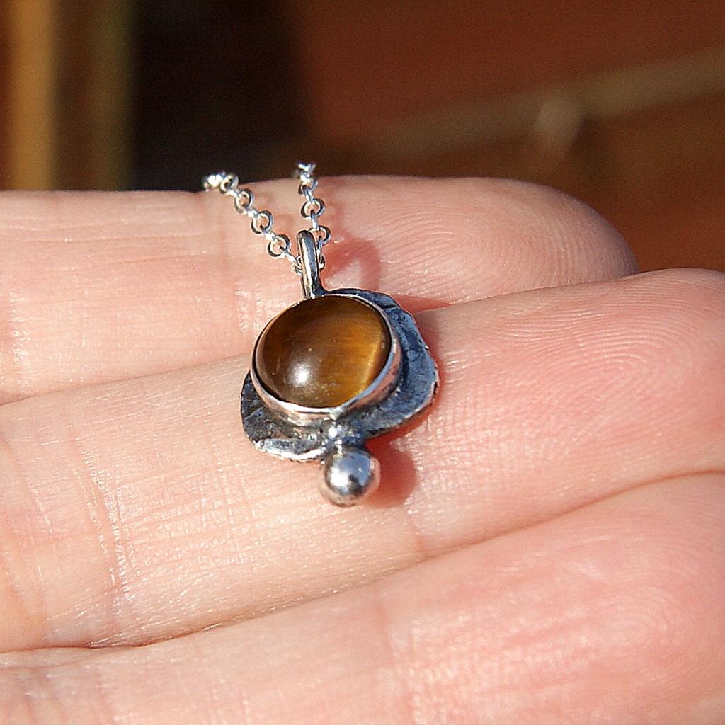 Tigers Eye Gemstone Pendant, Sterling Silver Organic Necklace, Small Rustic Pendant, Boho Necklace, Delicate Oxidised Pendant