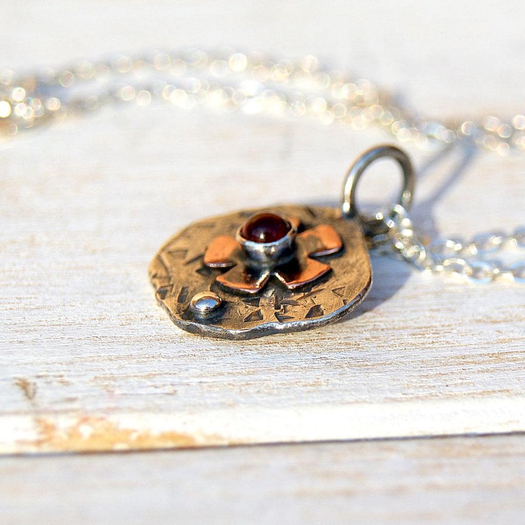 Garnet Flower Pendant, Delicate Oxidised Pendant, Sterling Silver And Copper, Organic Necklace, Small Rustic Pendant, Boho Necklace