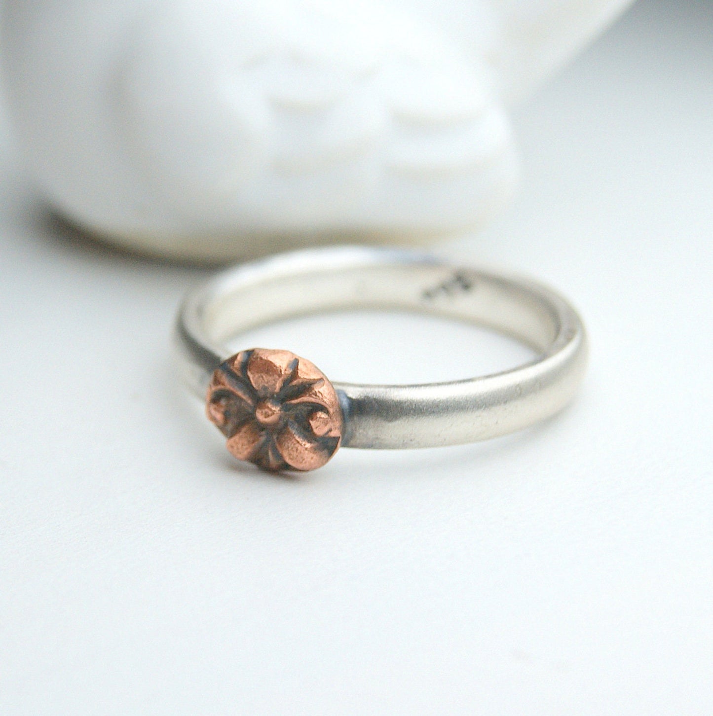 Mixed Metals Flower Ring, Sterling Silver and Copper Ring, Boho Rustic Jewellery