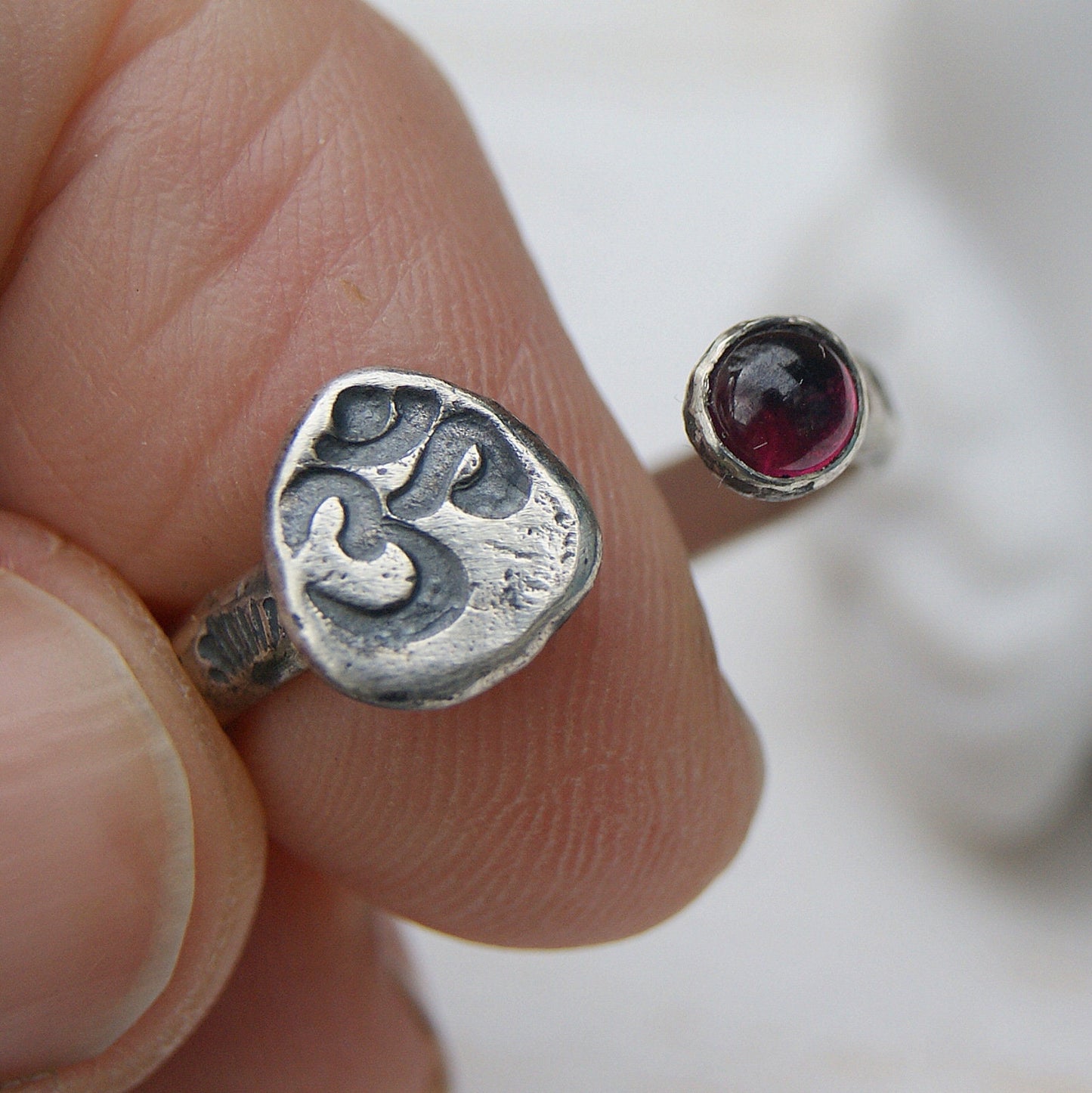 Aum Om Ohm Ring, Garnet Two Eyed Ring, Open Band Rustic Ring, Sterling Silver Jewellery