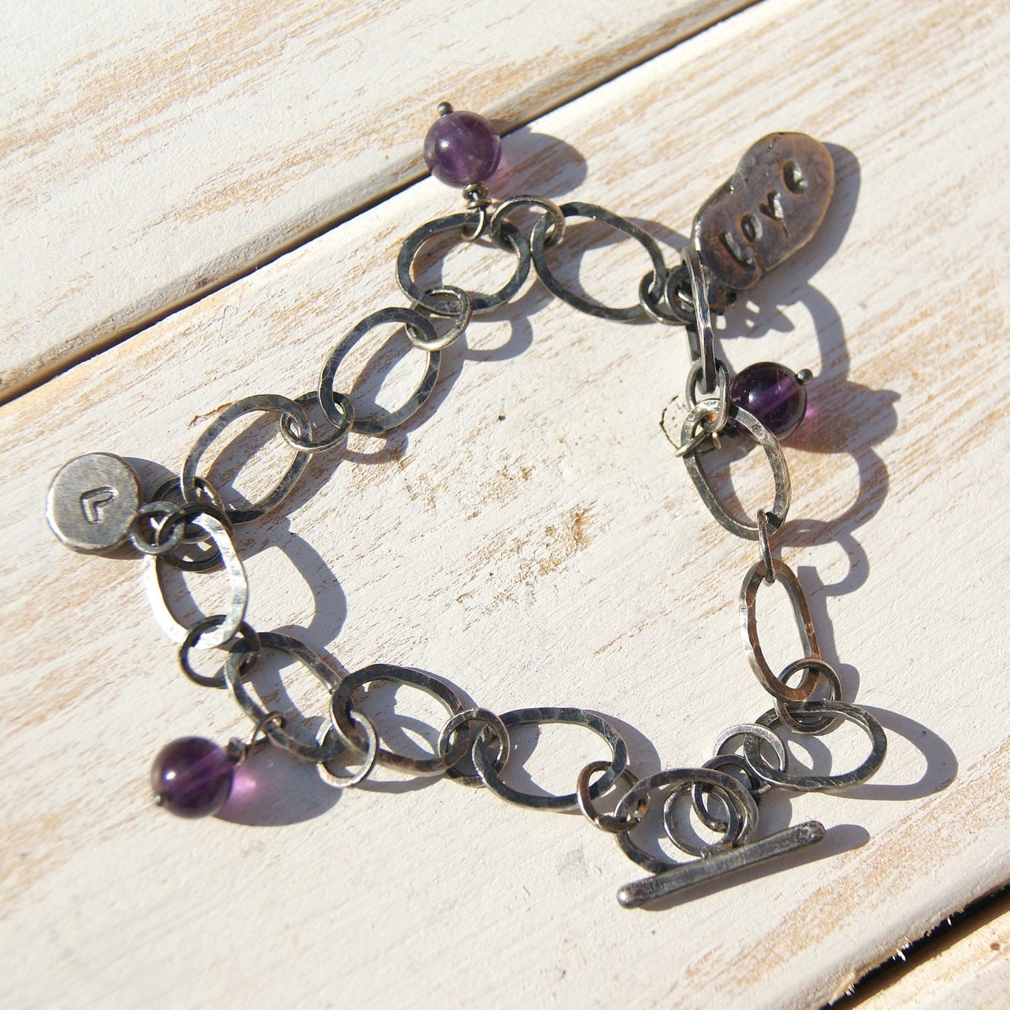 Amethyst Hand Forged Bracelet, Silver Links Bracelet, Love Heart Jewellery