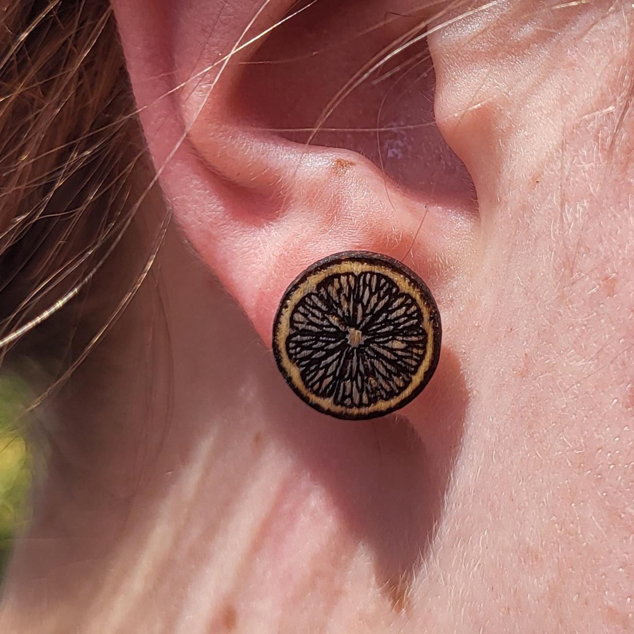 Orange Fruit Boho Earrings, Wooden Stud Earrings, Laser Engraved Earrings, Celestial Jewellery