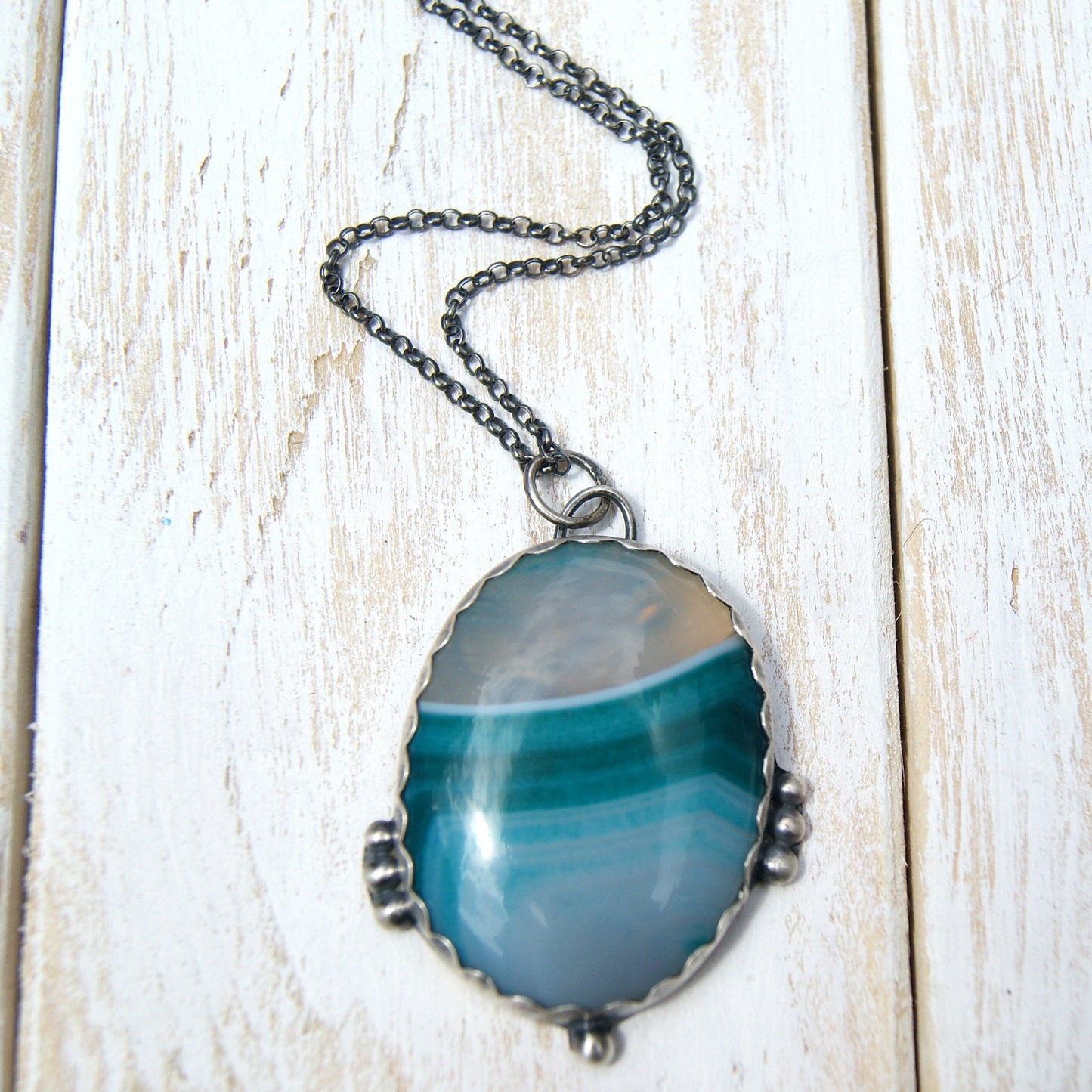 Blue Green Banded Onyx Necklace, Silver and Copper Rustic Pendant