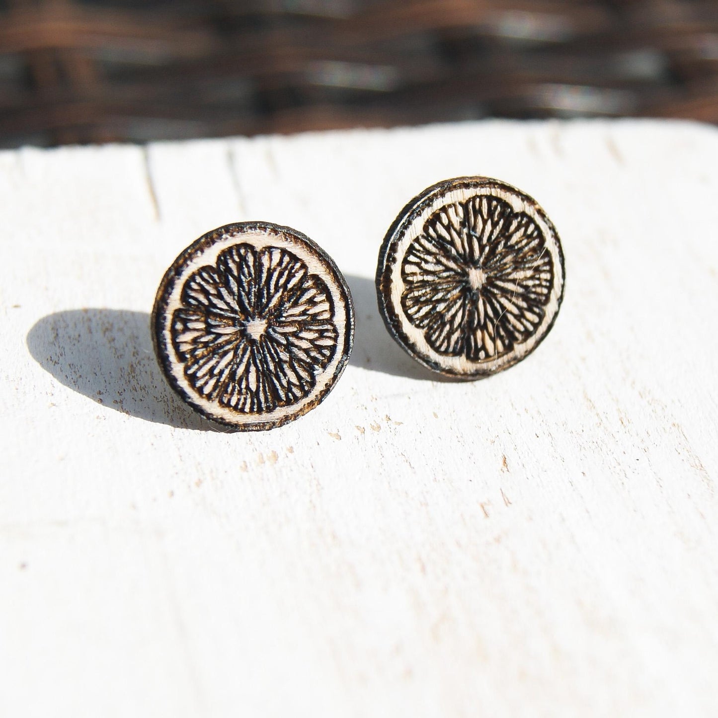 Orange Fruit Boho Earrings, Wooden Stud Earrings, Laser Engraved Earrings, Celestial Jewellery