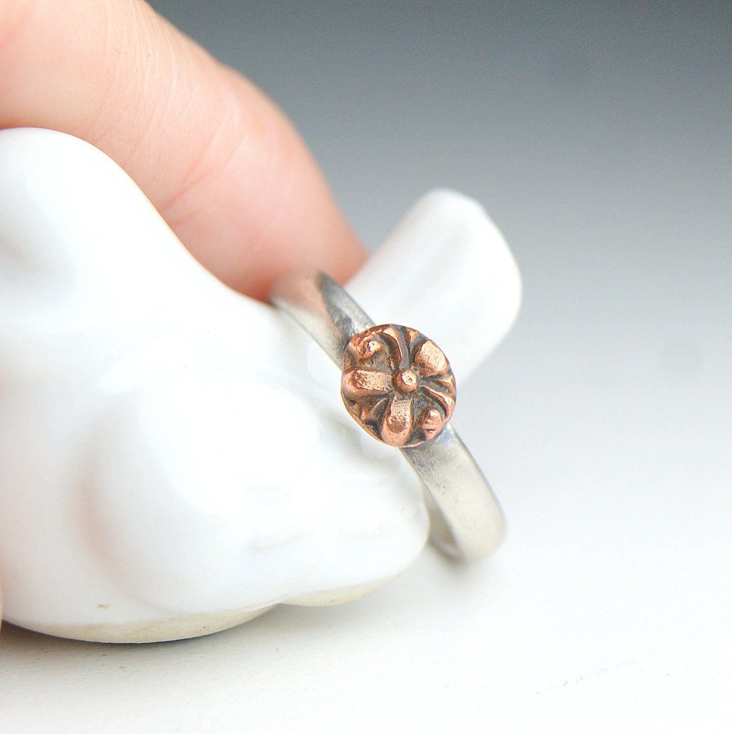 Mixed Metals Flower Ring, Sterling Silver and Copper Ring, Boho Rustic Jewellery