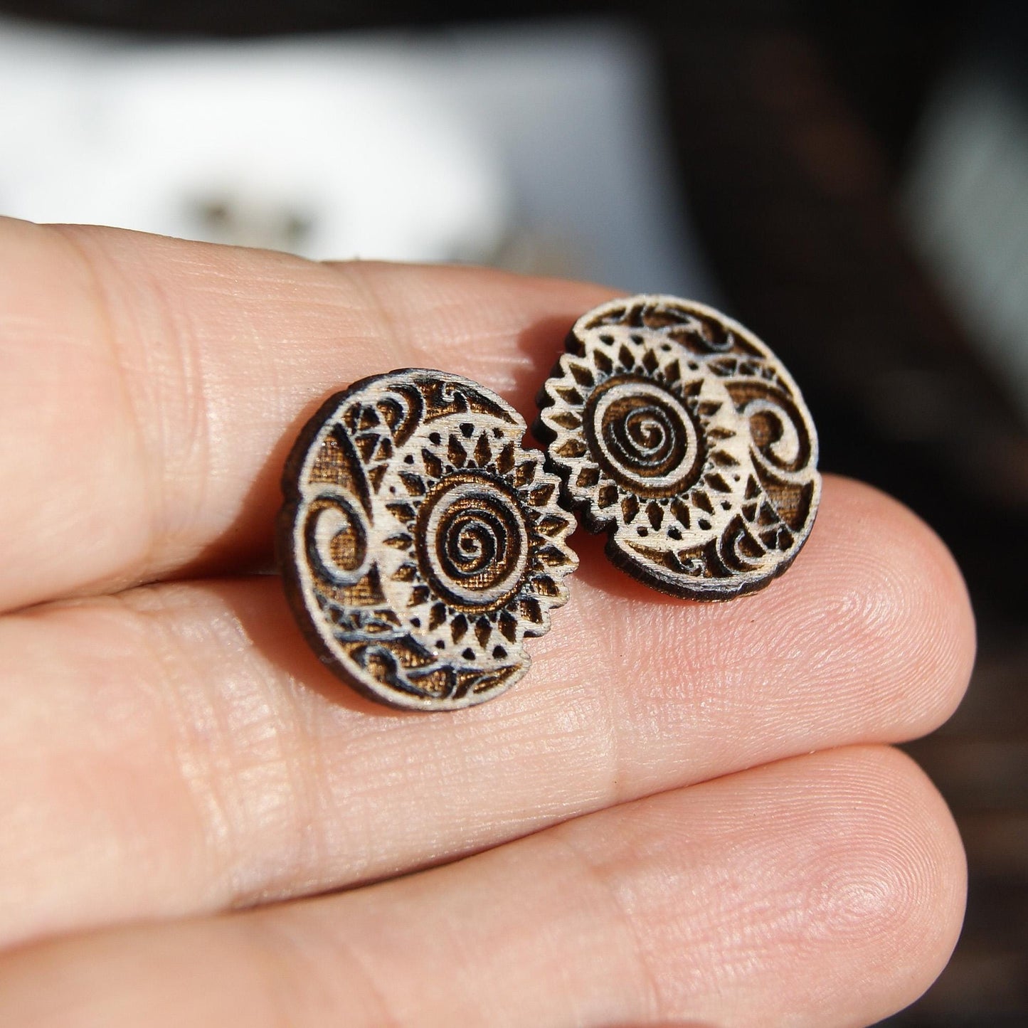 Celestial Jewellery, Moon Sun Boho Earrings, Mens Earrings, Wooden Stud Earrings, Laser Engraved Earrings