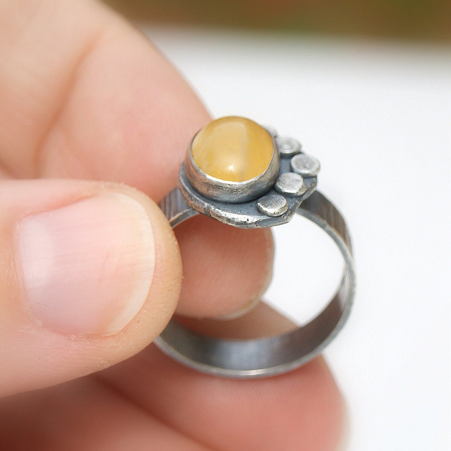 Flower Rustic Ring, Yellow Aragonite Ring, Boho Silver Jewellery