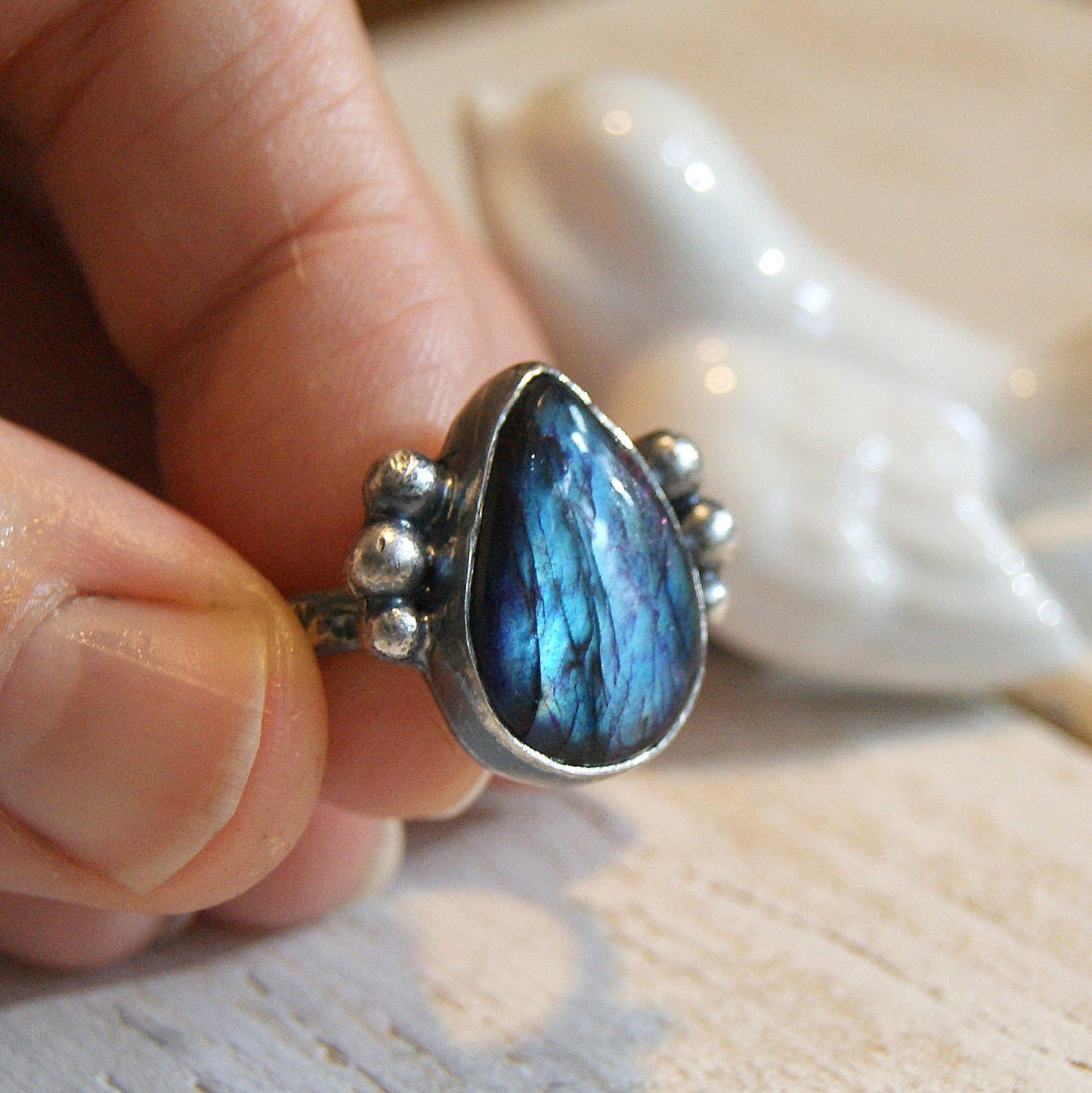 Tear Labradorite Ring, Boho Jewellery, Hammered Silver Ring