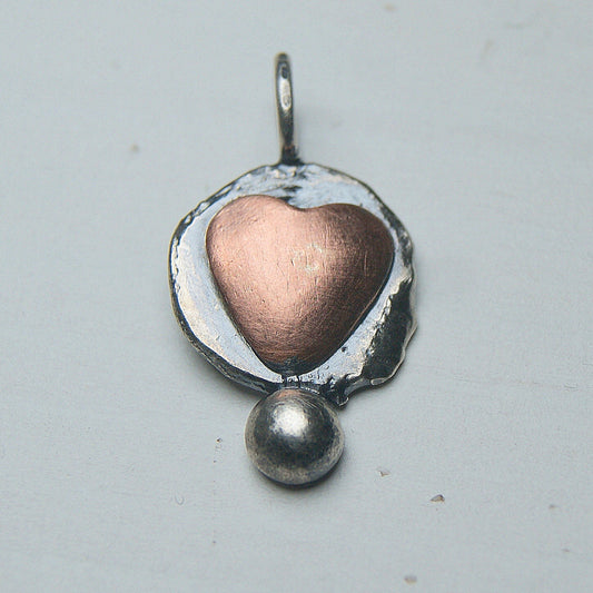 Silver and Copper Heart Pendant, Sterling Silver Organic Necklace, Small Rustic Pendant, Boho Heart Necklace, Delicate Oxidised Pendant