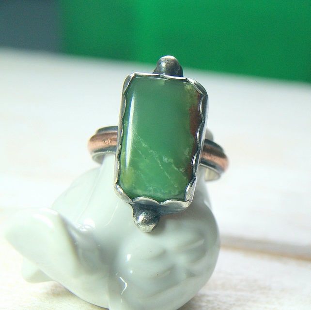 Green Stone Ring, Chrysoprase Ring, Sterling Silver Rustic Jewellery