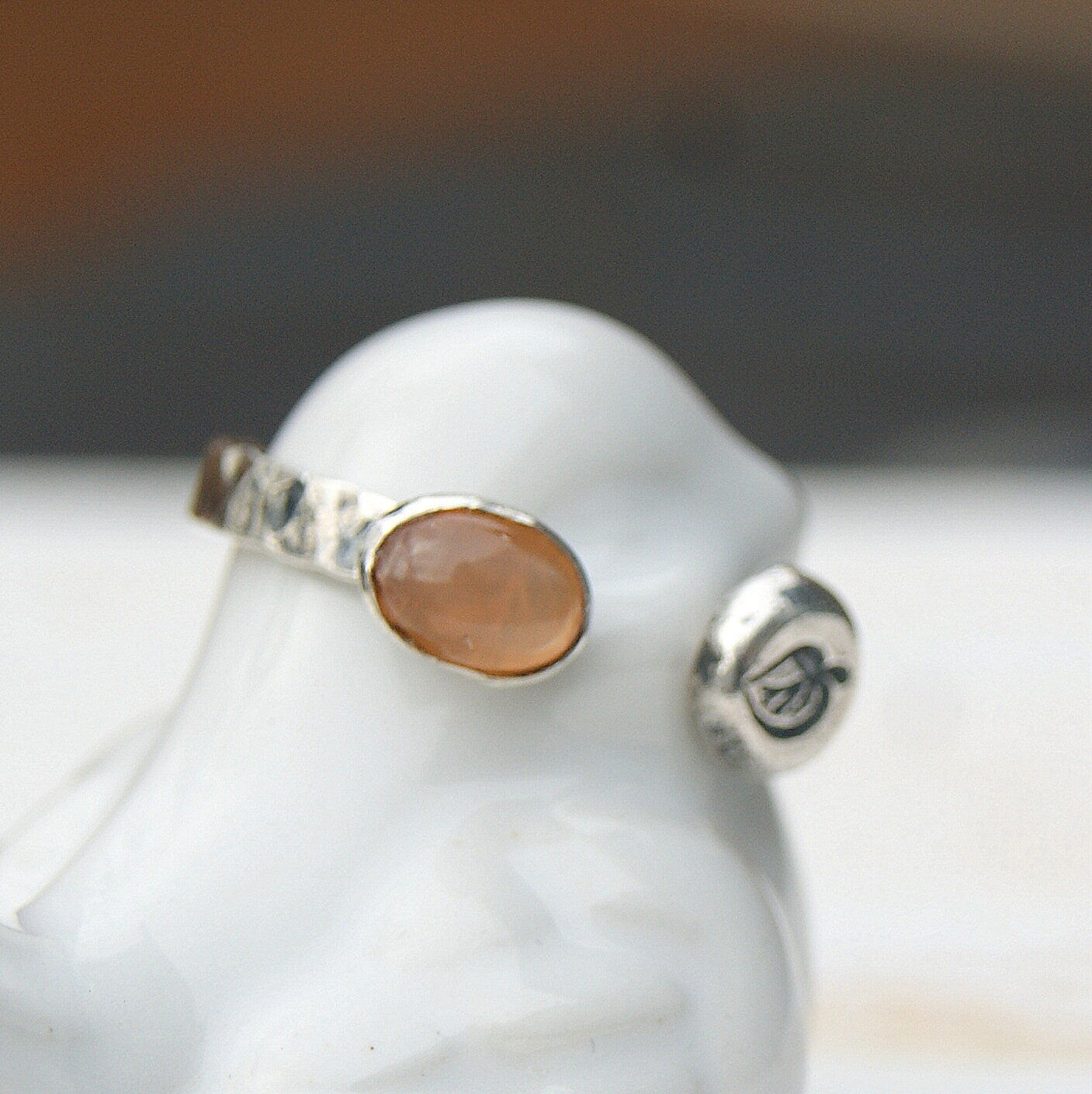 Orange Moonstone Ring, Two Eyed Ring, Open Band Rustic Ring, Solid Silver Leaf Ring