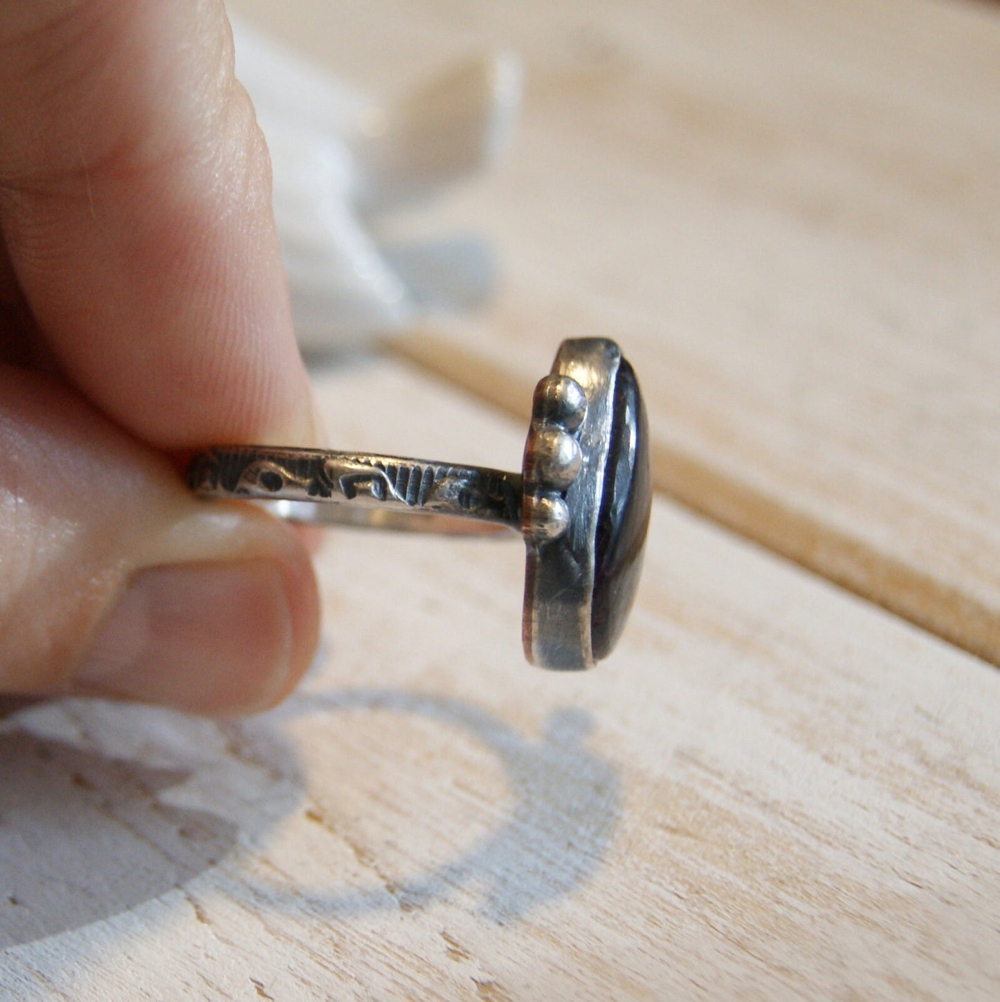 Tear Labradorite Ring, Boho Jewellery, Hammered Silver Ring