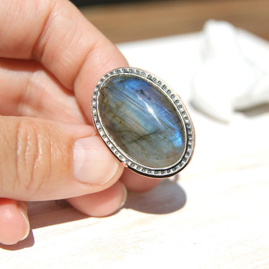 Large Labradorite Ring in Sterling Silver and Copper, Ring Size Q or 8