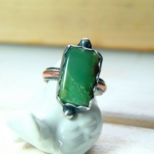 Green Stone Ring, Chrysoprase Ring, Sterling Silver Rustic Jewellery