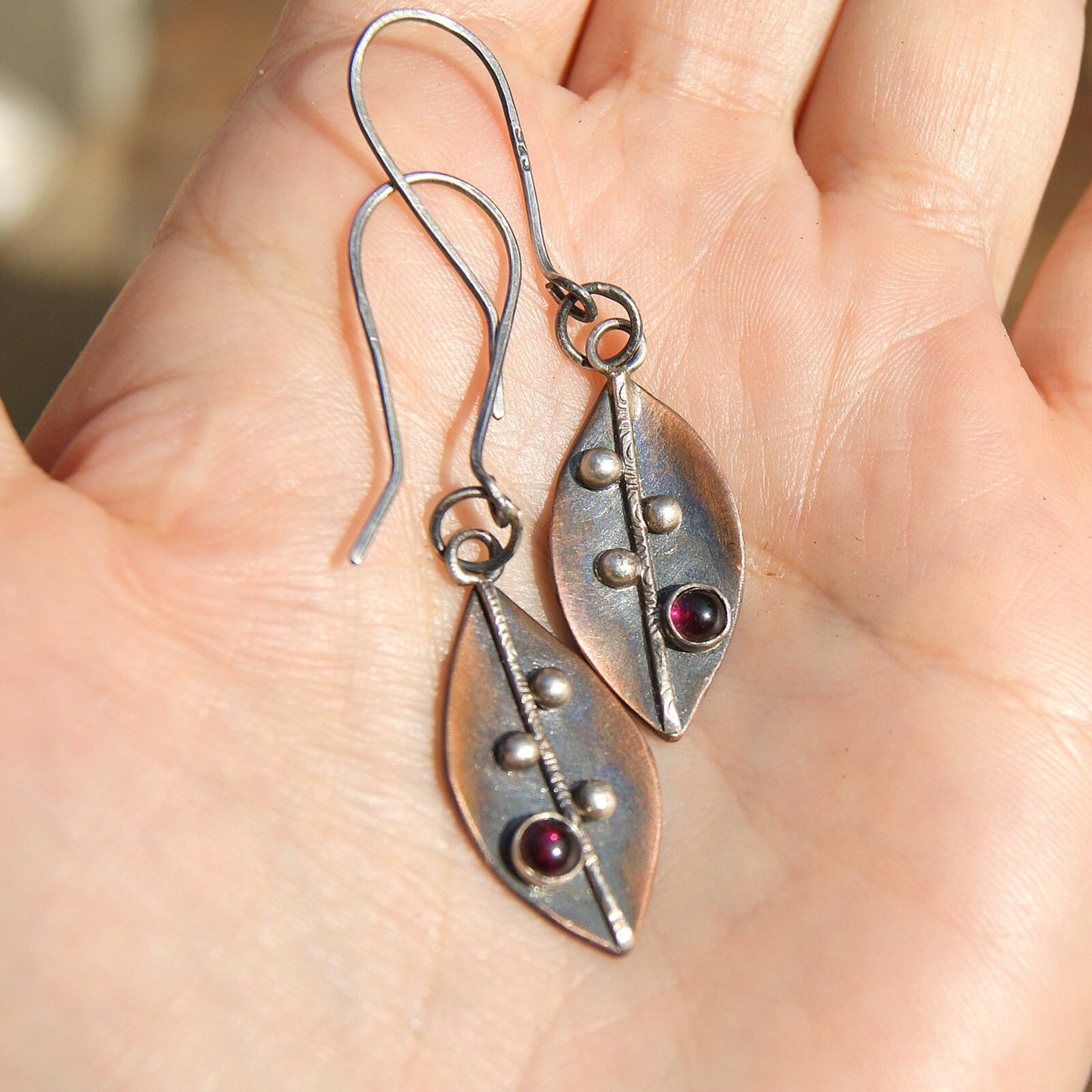 Garnet Drop Earrings, Hand Forged Leaf Earrings, Mix Metals Jewellery, Silver and Copper Jewellery