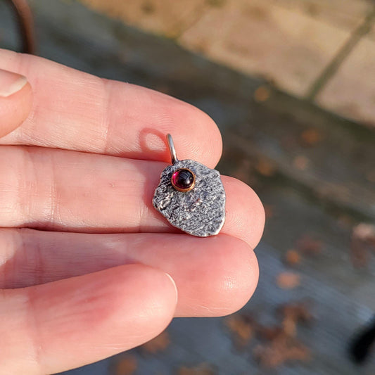 Garnet Gemstone Pendant, Sterling Silver Organic Necklace, Small Rustic Pendant, Boho Necklace, Delicate Oxidised Pendant