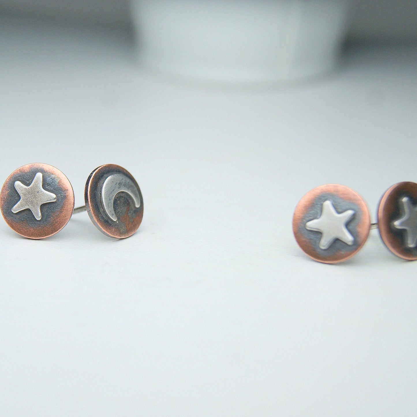 Celestial Earrings, Oxidised Star and Moon Studs, Copper and Silver Stud Earrings