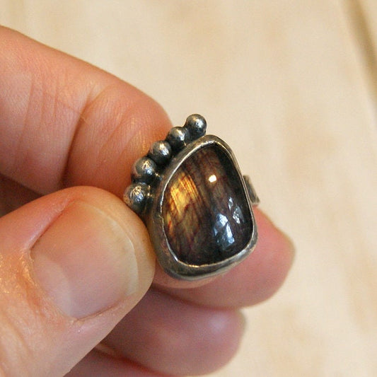 Labradorite Ring, Boho Jewellery, Hammered Silver Ring