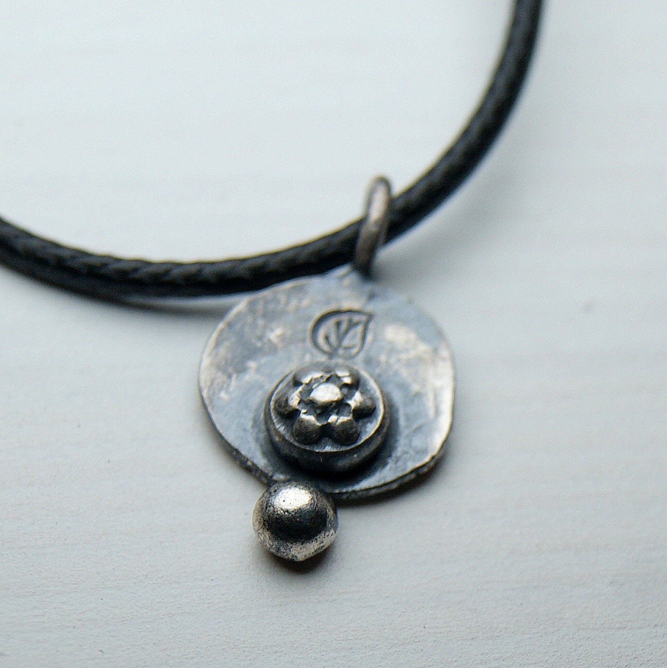 Boho Necklace, Delicate Oxidised Pendant, Sterling Silver Flower Pendant, Silver Organic Necklace, Small Rustic Pendant