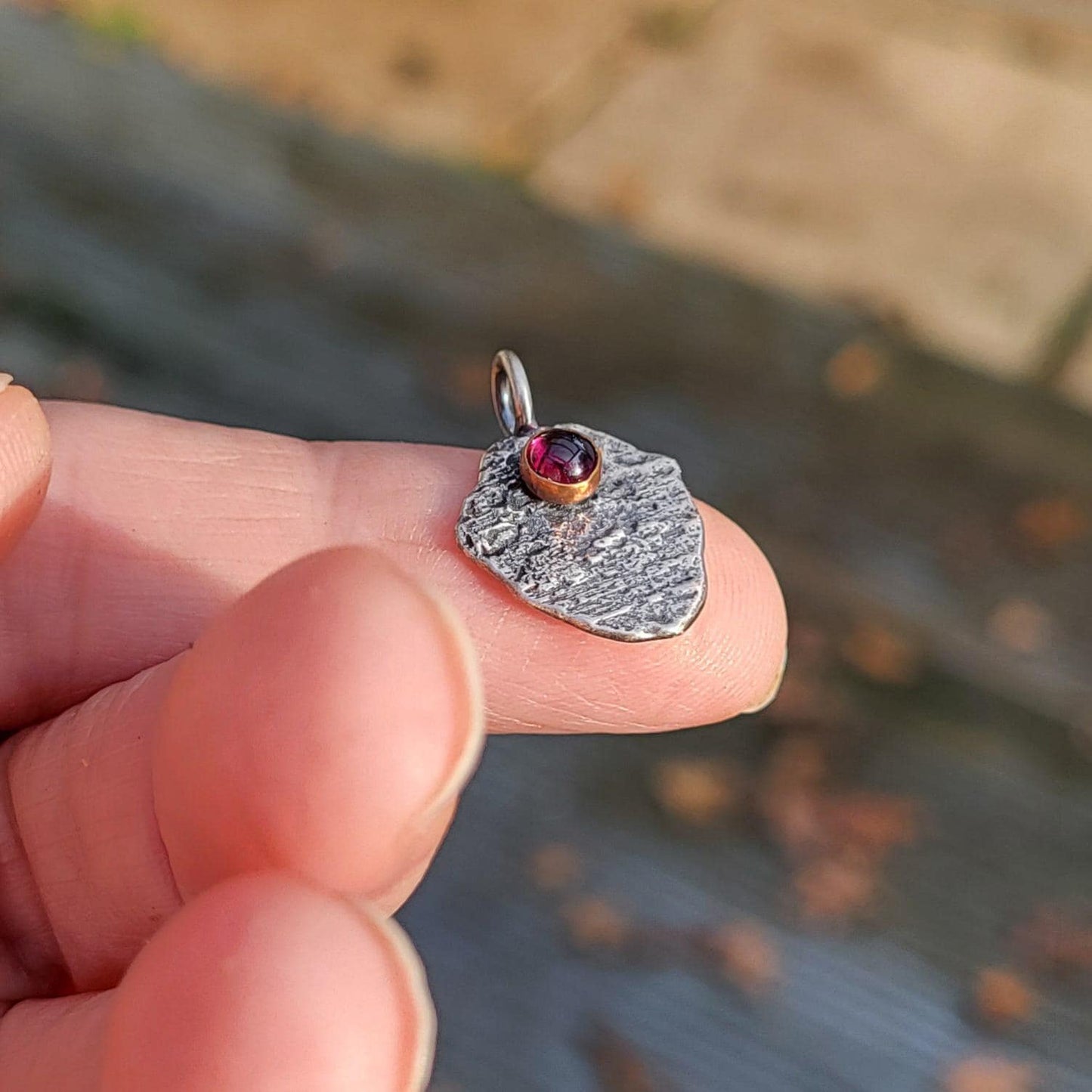 Garnet Gemstone Pendant, Sterling Silver Organic Necklace, Small Rustic Pendant, Boho Necklace, Delicate Oxidised Pendant