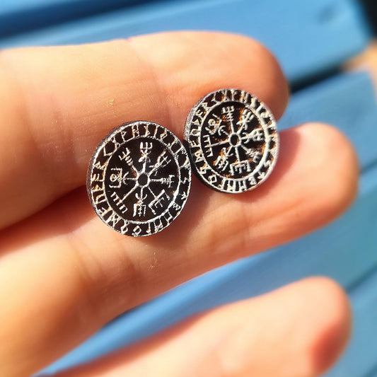 Viking Wooden Earrings, Vegvisir Stud Earrings, Mens Earrings, Laser Engraved Earrings