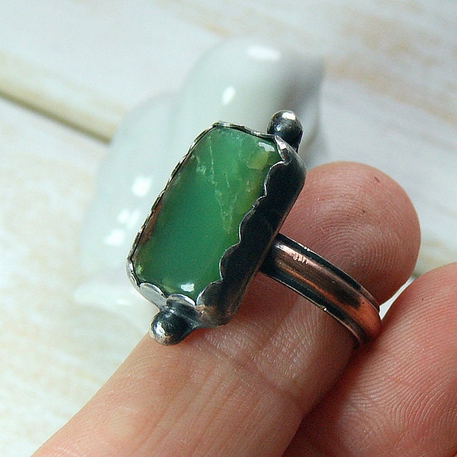 Green Stone Ring, Chrysoprase Ring, Sterling Silver Rustic Jewellery